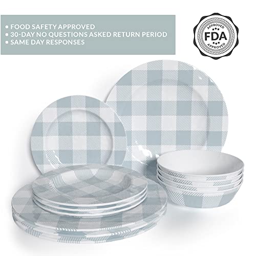 Barnyard Designs 12-Piece Melamine Dinnerware Set, Durable Chip-Resistant Dishware For Indoor/Outdoor Use, Service For 4, Light Blue Buffalo Plaid, (Dinner Plate: 11”, Salad Plate: 8.5”, Bowl: 7”) #TOP5