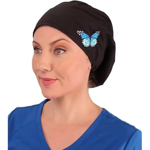 Sparkling EARTH Blue Butterfly Patch on Black Cap Riley Medical Scrub Caps - Adjustable Cord Lock Closure - Made in The USA! Cover