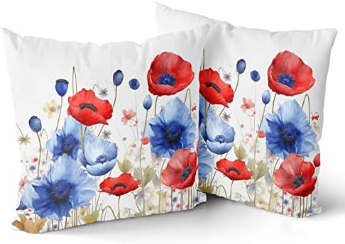 Giwawa 4th of July Pillow Covers 18 x 18 Set of 2, America Patriotic Red Blue Poppy Flower Decorative Pillowcase, Sofa Cushion Case Couch Porch Patio Bed Independence Day Home Decor