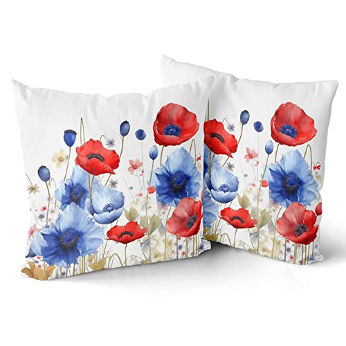 Giwawa 4Th Of July Pillow Covers 18 X 18 Set Of 2, America Patriotic Red Blue Poppy Flower Decorative Pillowcase, Sofa Cushion Case Couch Porch Patio Bed Independence Day Home Decor #TOP6