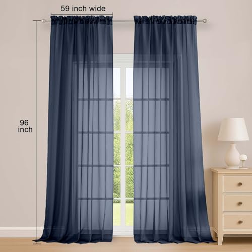 Image of OWENIE Extra Long Navy Blue Sheer Curtains 96 Inches Long 2 Panels Set, Soft Lightweight Airy Voile Sheer Curtain for Bedroom Living Room, Rod Pocket Solid Color Farmhouse Curtains, 59 inch Wx96 L Inch