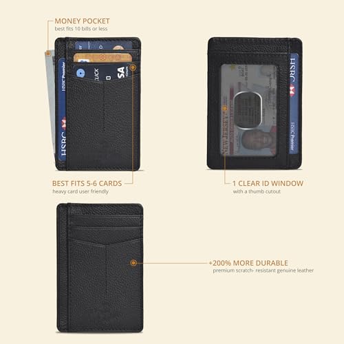 Image of Oak Leathers Leather Slim Minimalist Wallet for Men & Women RFID Front Pocket Leather Card Holder Wallets (Jet Black)
