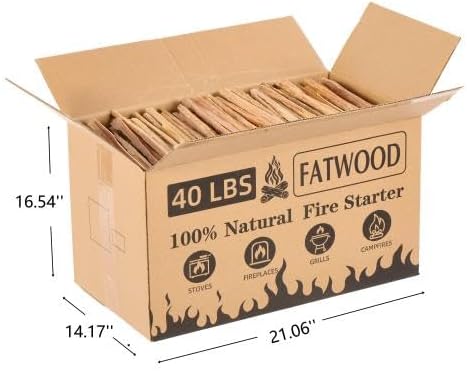 40 Lbs Fatwood Fire Starter Sticks, 100% Natural Pine Kindling Wood, Pine Firewood Firestarter for Campfire, Stove, Fireplace, Bonfires, Grill, Long-Lasting, Quick Ignition (40 LBS)