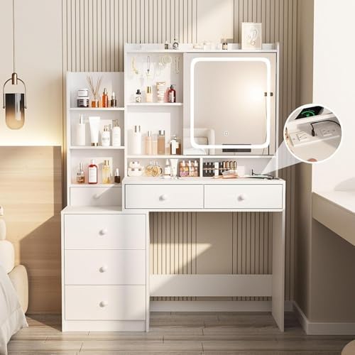 Drefure Vanity Desk with Mirror and Lights,Makeup Vanity with 6 D...