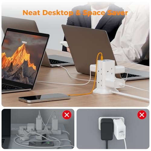 Tower Extension Lead With Usb C Slots, Tessan 8 Way Plug Extension Socket With Switch, Surge Protected Power Strip With 2M Cable For Home, School Supplies - 4