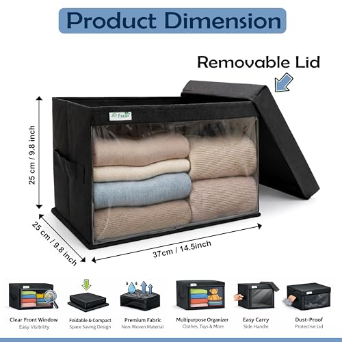 Image of JD Fresh Foldable Cloth Cover Storage Box With Lid /Wardrobe Clothes Organizer /Storage Basket /Space Saving Storage /Collapsible Clothes Organizer /Cupboard Storage Box for Shirts, Pants (Black Pack of 6)