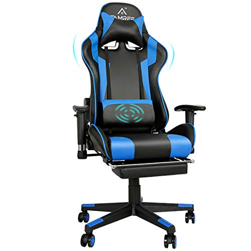 Massage Gaming Chair, Computer Chair 180° Recline with Footrest, Lumbar Pillow, Headrest, Armrest Adjustable, PU Leather PC Chair High-Back Blue