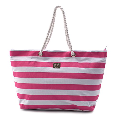 Large Canvas Striped Beach Bag - Top Zipper Closure - Waterproof Lining - Tote Shoulder Bag For Gym Beach Travel (Striped Pink)