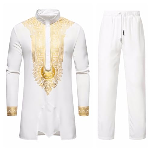 Afrikanischer Dashiki für Herrenanzüge Goldstickerei Hemd und Hose Set Outfits Afrikanisches 2-teiliges Set Metallic Traditioneller Anzug Goldstempel Gedruckt Tribal Kleidung