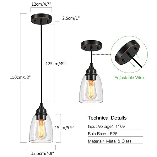 Wilon Pendant Lights Kitchen Island, Industrial Seeded Glass Pendant Lighting, Black Pandent Light Fixture, Mini Farmhouse Pendant Ceiling Light Fixtures For Kitchen Island Dining Room Living Room #TOP4