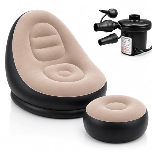 Image of Inflatable Air Sofa Chair with Ottoman & Automatic Electric Pump, Portable Flocked Blow Up Lounge Chair for Living Room, Bedroom, Camping & Outdoor Use (Beige)