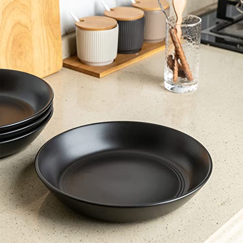 Amorarc 9.5'' Stoneware Pasta Bowls, 38Oz Large Wide Salad Serving Bowls Set Of 4 For Pasta Salad Snacks Bread Meal, Microwave Safe Flat Bowls For Kitchen, Matte Black #TOP6