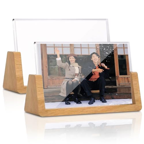 Folgtek フォトフレーム 写真立て 2個セット 透明アクリル 木製スタンド 横置き プレゼント 高級 卓上 おしゃれ 152*102mm