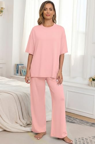 Image of PrinStory Womens Pajamas Sets 2 Piece Lounge Set Short Sleeve Tops and Long Pants Soft Pjs Loungewear with Pockets