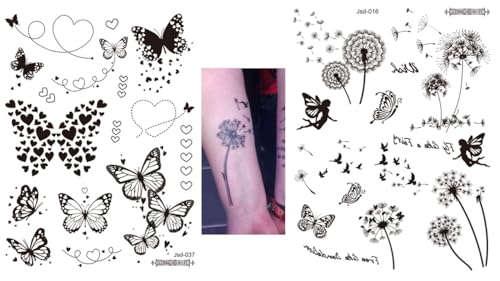 Lot de 2 feuilles de tatouages temporaires de pissenlit - Tatouage papillon - Faux tatouages JSD016 037