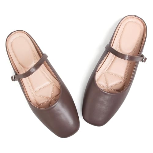 Image of TN TANGNEST Leather Flats for Women Retro Mary Jane Flats | Comfortable Square Toe Slip On Flats with Buckle Strap, Soft Work Flats Office Shoes