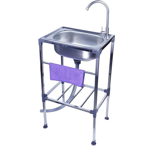 Évier de cuisine autoportant en acier inoxydable - 1 bac - Évier d'extérieur mobile avec robinet et support - Pour buanderie, garage, arrière-cour