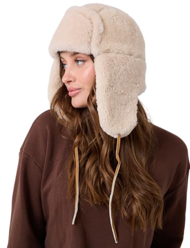 Image of Leather Aviator Shearling Ushanka Trapper Hat Russian Sheepskin Cap Real Fur Winter Hat with Ear Flaps for Men Women