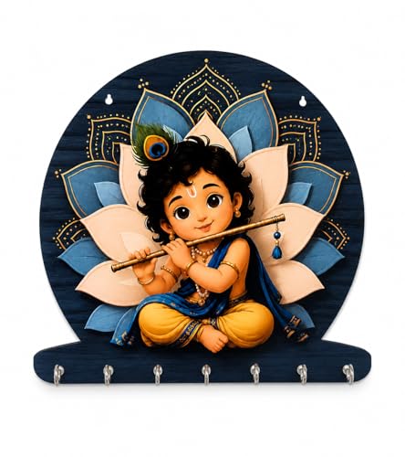 Image of Zepdos Baby Krishna Home Decor Key Hanger for Wall | Flute Design Key Hanger with 7 Hooks | Entrance Wall Mount Key Stand for Home, Living Room, Office, Gift Item (23 x 23 CM) (1 Pcs)