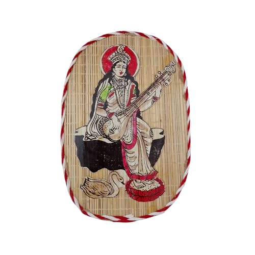 Rk Handicraft Wall Hanging Decorative Maa Saraswati, Bamboo Mat Wall Art, Traditional Indian Goddess Design with Red Border Rk Handicraft Wall Hanging Decorative Maa Saraswati, Bamboo Mat Wall Art, Traditional Indian Goddess Design with Red Border