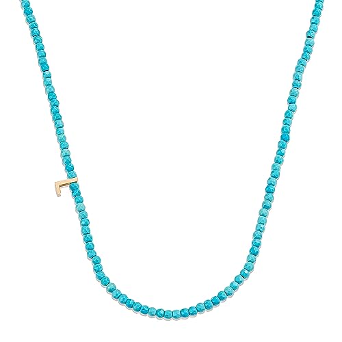 Dainty Turquoise Beaded Initial Asymmetrical Necklace, 18K Gold Plated Stainless Steel Letter Necklace