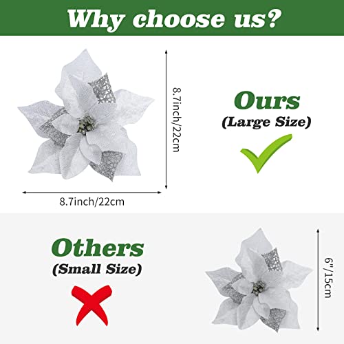 15 Pieces Christmas Glitter Poinsettia with Clips Christmas Poinsettia Decorations Artificial Poinsettia Flowers Ornament Christmas Flowers for New Year Wedding Home Decoration 8.7inch/22cm Silver