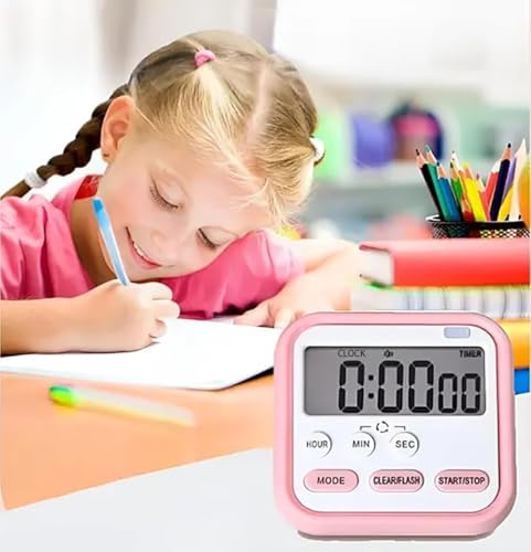 Image of Digital Kitchen Timer and Stopwatch with Large LCD Display, Loud Alarm, Retractable Stand, Green, 1 Piece (Pink)