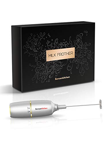 Bonsenkitchen Electric Milk Frother Handheld Coffee Milk Foamer with 3 Whisk New Year Gift for Coffee Lover High Powered Portable Drink Mixer for Making Matcha or Protein Powder