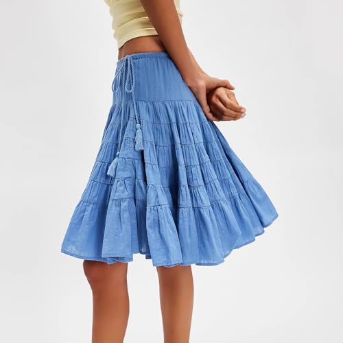 Women Boho Drawstring Tie Up Midi Skirt Ruffle Pleated Tiered Knee Length Flowy A Line Mini Short Skirts Summer4