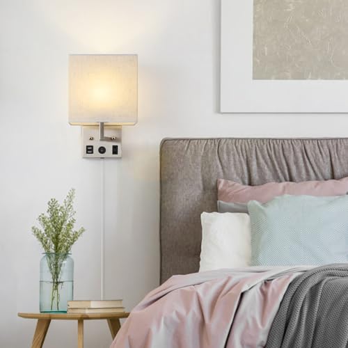 Black Wall Sconces Set of Two, Bedside Wall Lights for Bedroom, Plug in Wall Sconce with USB Ports and Outlets, Modern Wall Lamp for Mirror Kitchen Living Room Hallway, E26 Base (LED Bulbs Included) by OYEAL - Used condition - Image 7