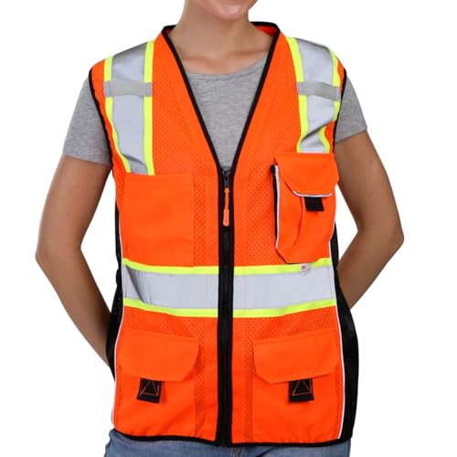 Dib Safety Vest for Women with Pockets, Mesh Reflective Vest High Visibility, ANSI Class 2 Made with 3M Reflective Tape, Orange and Black XL