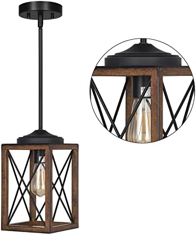 DEWENWILS Farmhouse Pendant Light, Metal Hanging Light Fixture with Wooden Grain Finish, 48 Inch Adjustable Pipes for Flat and Slop Ceiling, Kitchen Island, Bedroom, Dining Hall, E26 Base