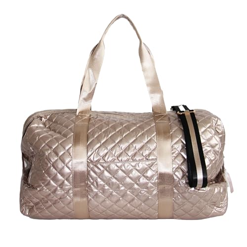 Large Diamond Weekender Bag Nylon Quilted Metallic Duffel for Travel, Gym, Sports, and Overnight Stays Stylish & Spacious, Champagne