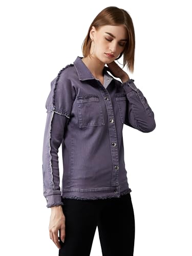Image of Miss Chase Women's Polo Neck Full Sleeves Patch Pocket Denim Overcoat Knee-Length Jacket