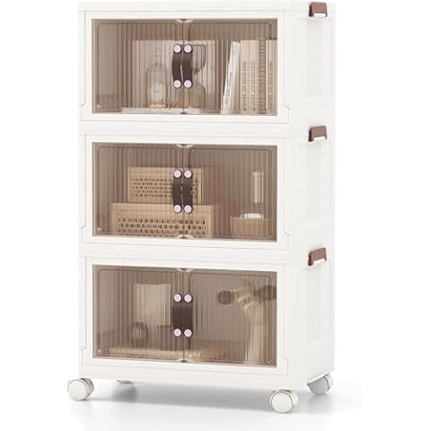 HOMGX 3 Tier Stackable Storage Bins, Collapsible Closet Organizers w/Wheels and Lids, Foldable Cabinet Front and Top Open, Foldable Plastic Containers for Kitchen (25.5 Gal (19" x 12" x 34")) Cover