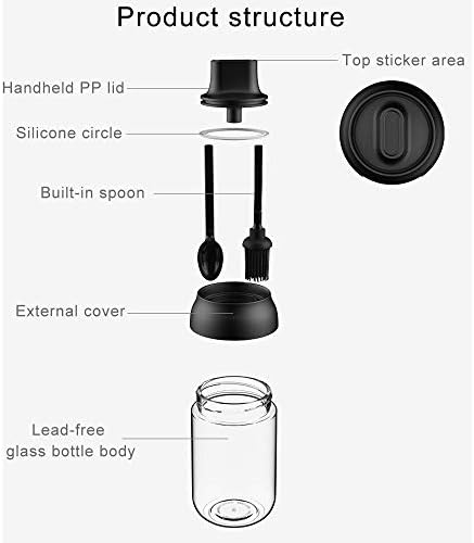 All-Pie Seasoning Box Set of 3 Spice Jars 8.45 oz Salt Sugar Glass Condiment Pots Transparent Storage Container with Spoon, Olive Oil Bottle with Brush, Sealed against moisture (Green)