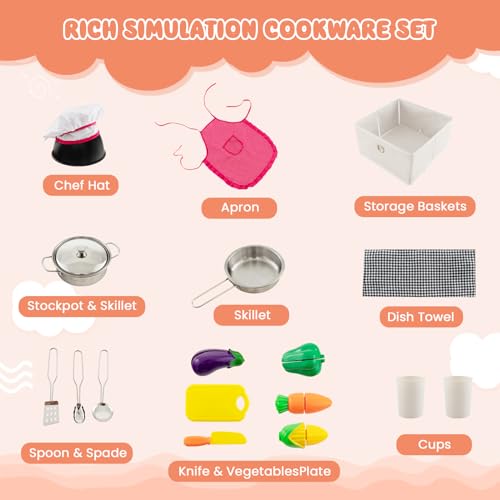 INFANS Kids Kitchen Playset with Real Running Water, Ultimate Wooden Corner Pretend Cooking Set with Simulation Light Sound Stove Storage Cabinet, Play Toy Gift - Image 8