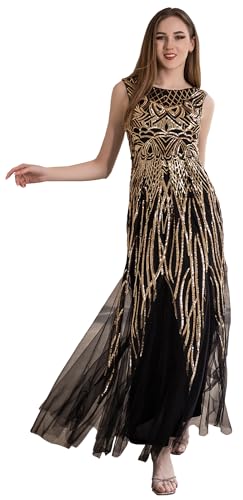 Angel-fashions Damen Abendkleid V-Ausschnitt Schwarz Gold Pailletten Vintage Langes formelles Kleid mit Netzärmeln, New Gold Black, 40