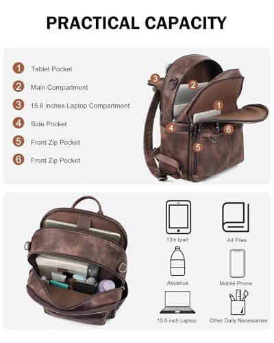 Image of FADEON 15.6 Inch Laptop Backpack Purse for Women, Large Capacity | Vegan Leather Backpack with Padded Straps, Laptop & iPad Slots Fits 13 inch, 14 inch & 15.6 inch, Roomy for Daily, Work & Travel