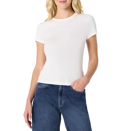 Amazon Essentials Damen (Demis Favorit) Slim-Fit-T-Shirt Elastischer Rippstrick Kurze Ärmel, Weiß, M