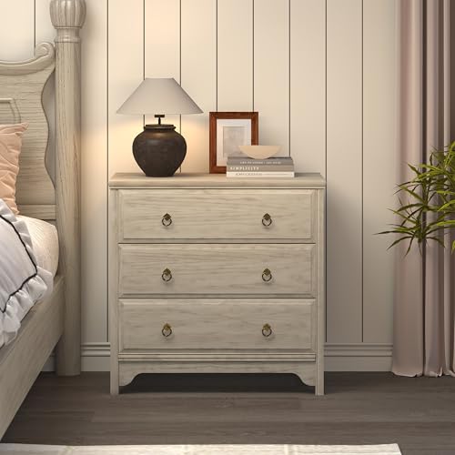 Image of Chogori Farmhouse Solid Wood Nightstand, Rustic End Table with 3 Drawers & Vintage Ring Pulls, Sturdy Accent Side Table for Bedroom, Living Room, Hallway, Gray