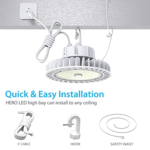 HYPERLITE High Bay Led Lights 150W 21,000LM(140lm/w) 5000K CRI>80 1-10V Dimmable UL Listed Hanging Hook Safe 5' Cable with 110V Plug UFO High Bay Light for Shopping Mall Warehouse - Image 4