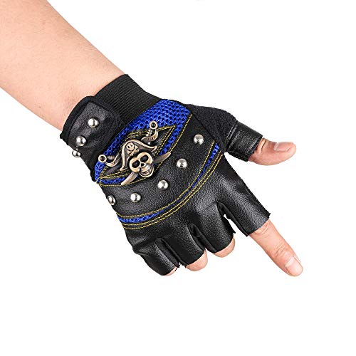 JISEN Luvas masculinas de couro sintético Steampunk meio dedo luvas de rebite com gancho, Azul, tama