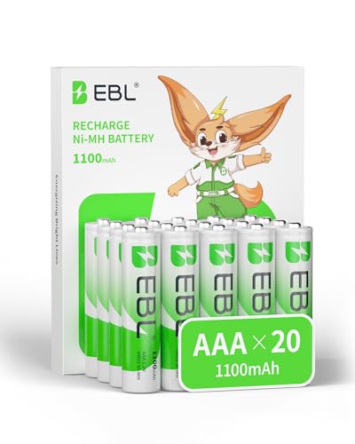 EBL 20 Pack 1500 Cycle 1100mAh AAA Ni-MH Rechargeable Batteries AAA (Typical 1100mAh, Minimum 1000mAh)
