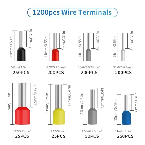 Image of Wire Crimping Tool Kit Ferrule Crimping Plier with 1200pcs Terminals Ferrule Wire Copper Crimp Connector & Crimper Plier Self Adjusting Electrician Ratchet.