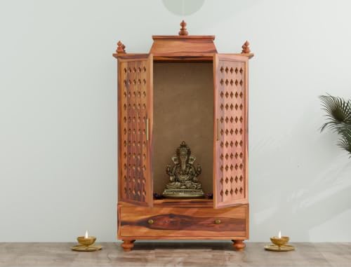 Image of Solid Sheesham Wood Temple for Home & Office /Mandir /God Stand /Pooja Stand /Home Mandap /Mandapam with Cabinet Doors & Multiple Storage (Honey-1, Large)