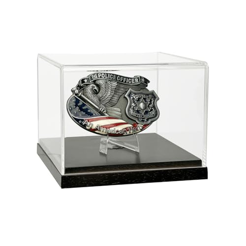 Belt Buckle Display Case - Brown Solid Wood Base & 3mm Crystal Clear Acrylic Box with Built-in Stand - Premium Holder for Rodeo Western & Military Buckle - No Assembly Required - Inner 5.1x4.3x3.4