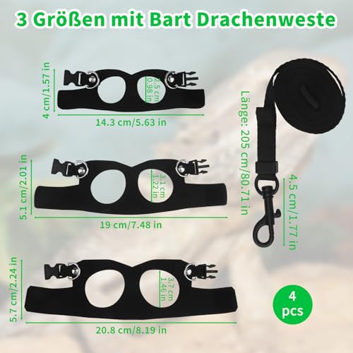 4-teiliges Bartdrachengeschirr-Set – 3 Größen Verstellbarer Weicher Polyester-Reptilgürtel, Ausziehbarer Eidechsen Gürtel, Outdoor Walking Weste für Kleine Tiere + Zugseil