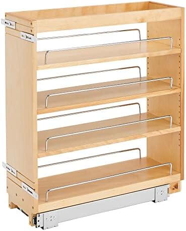 Rev-A-Shelf 448-BC-8C 8 Inch Pull Out Kitchen Cabinet Storage Organizer Spice Rack w/3 Adjustable Sliding Wood Shelves, Chrome Rails, & 100lb Capacity