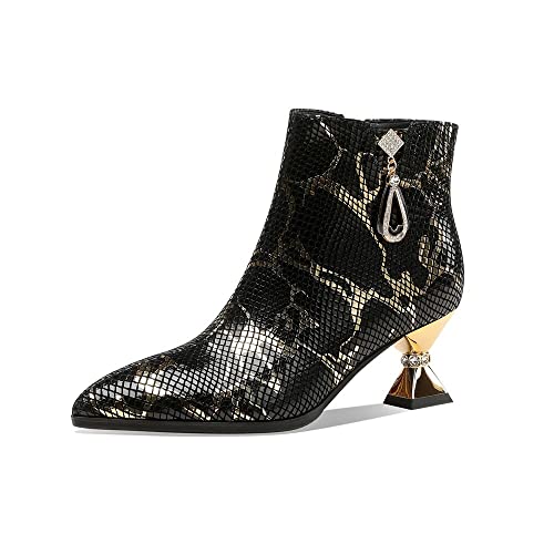 TinaCus Handmade Women's Assorted Color Genuine Leather Rhinestones Printed Pointed Toe Mid Spool Heel Ankle Boots Shoes